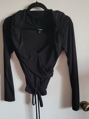 Express Black Wrap Tie-Front Long Sleeve Top